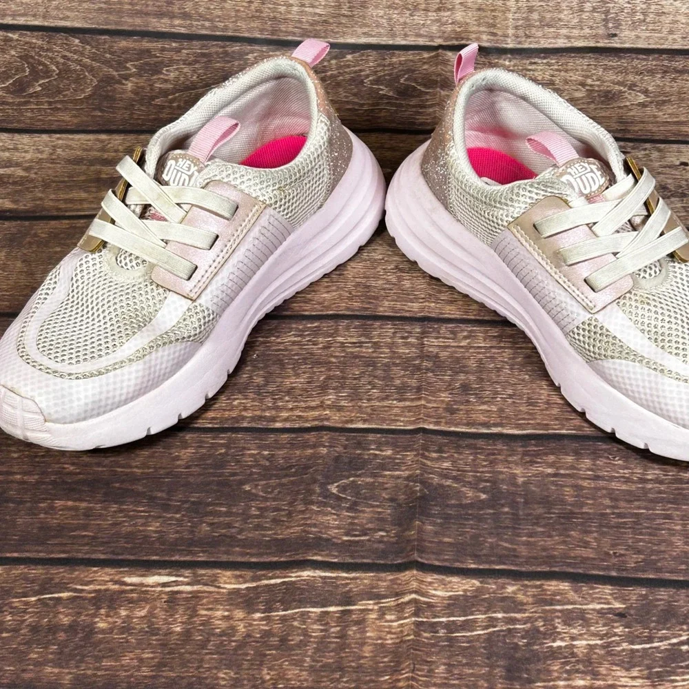 Hey Dude Sirocco Play Kids‎ Sneakers Pink White Glitter Rose Gold Size J5